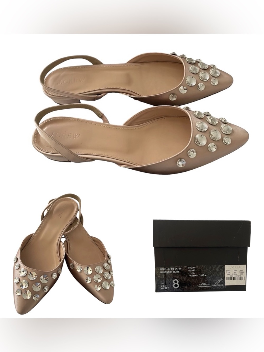 J. Crew Embellished Satin Slingback Flats